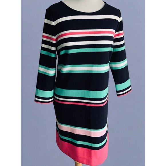 Crown & Ivy Womens Quarter Sleeve Back Zip Striped Navy Knee Length Dress Medium - Picture 9 of 9